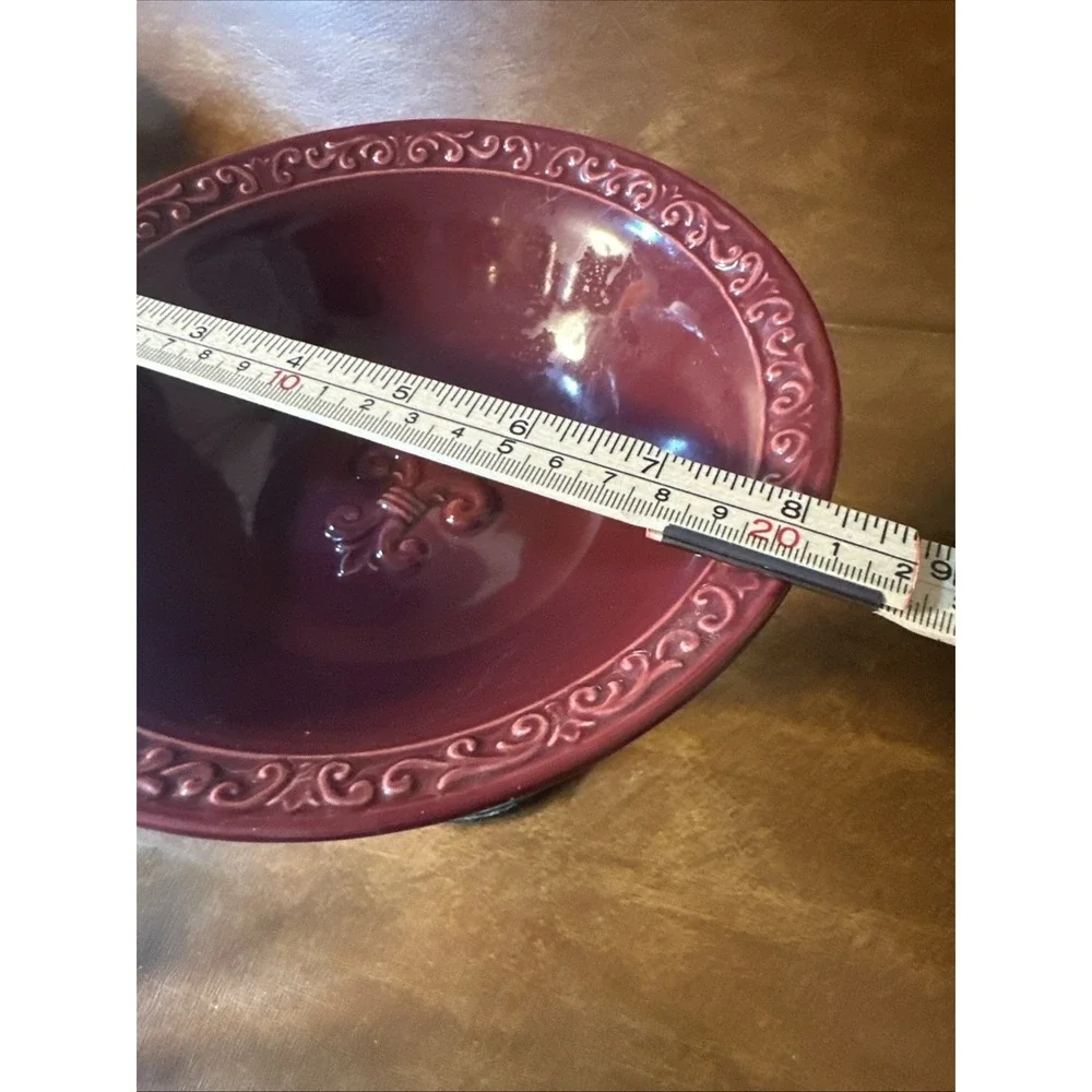 Drake Design Pedestal Bowl Compote Tuscan Scroll Fleur De Lis Oxblood Red